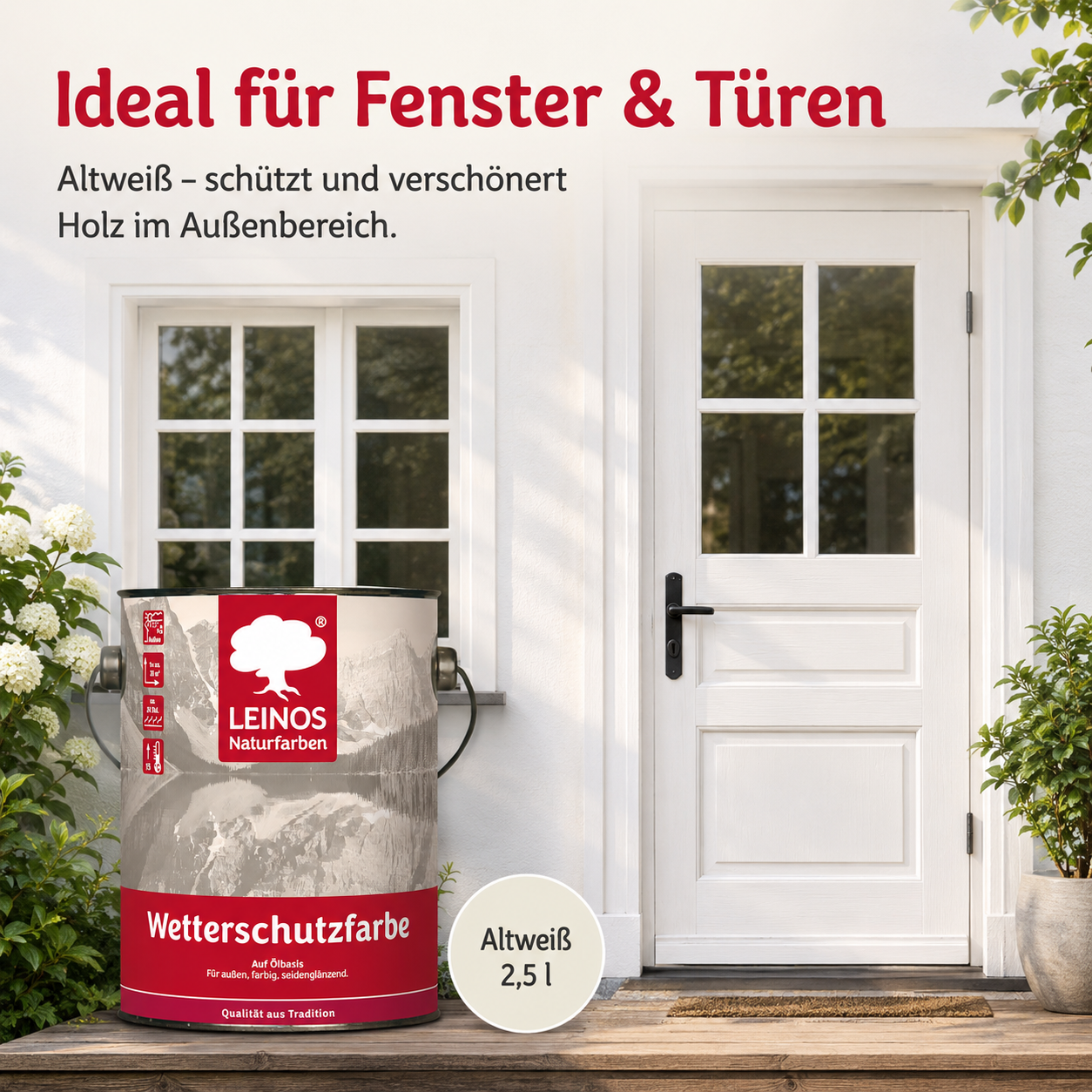 LEINOS Wetterschutzfarbe 2,5 l | Altweiß Holzlasur für Holzfassaden Fenster Gartenhäuser| wetterbeständige Deckfarbe für effektive Versiegelung und langanhaltenden Schutz auf Ölbasis im Außenbereich