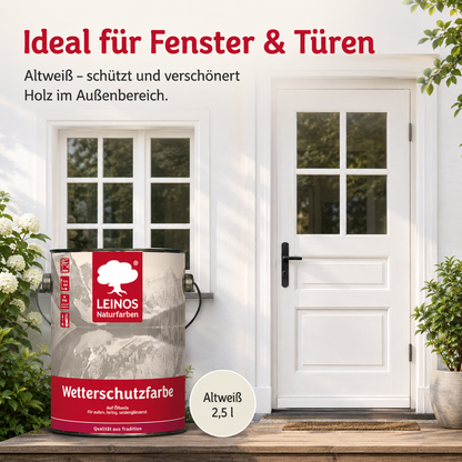 LEINOS Wetterschutzfarbe 2,5 l | Altweiß Holzlasur für Holzfassaden Fenster Gartenhäuser| wetterbeständige Deckfarbe für effektive Versiegelung und langanhaltenden Schutz auf Ölbasis im Außenbereich