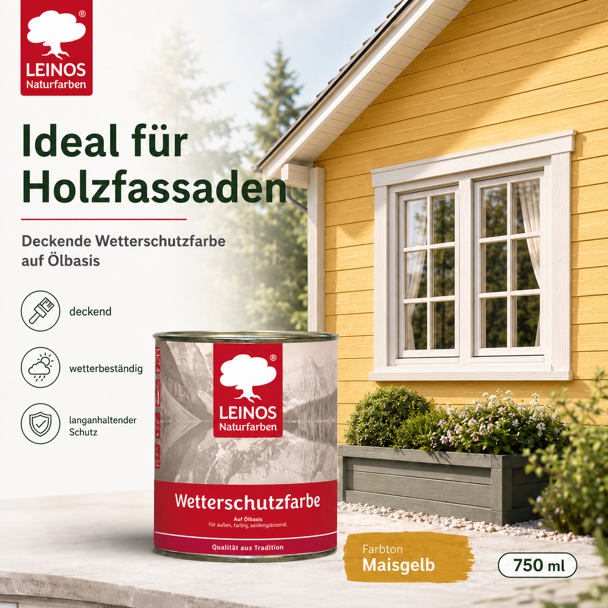 LEINOS Wetterschutzfarbe 750 ml | Maisgelb Holzlasur für Holzfassaden Fenster Gartenhäuser| wetterbeständige Deckfarbe für effektive Versiegelung und langanhaltenden Schutz auf Ölbasis im Außenbereich