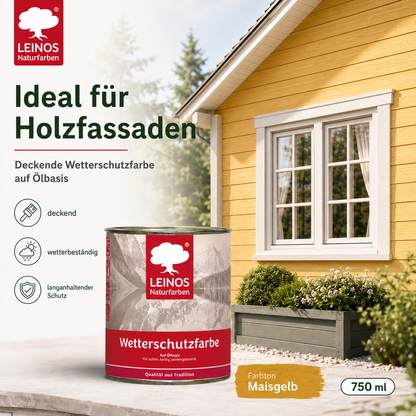 LEINOS Wetterschutzfarbe 2,5 l | Maisgelb Holzlasur für Holzfassaden Fenster Gartenhäuser| wetterbeständige Deckfarbe für effektive Versiegelung und langanhaltenden Schutz auf Ölbasis im Außenbereich