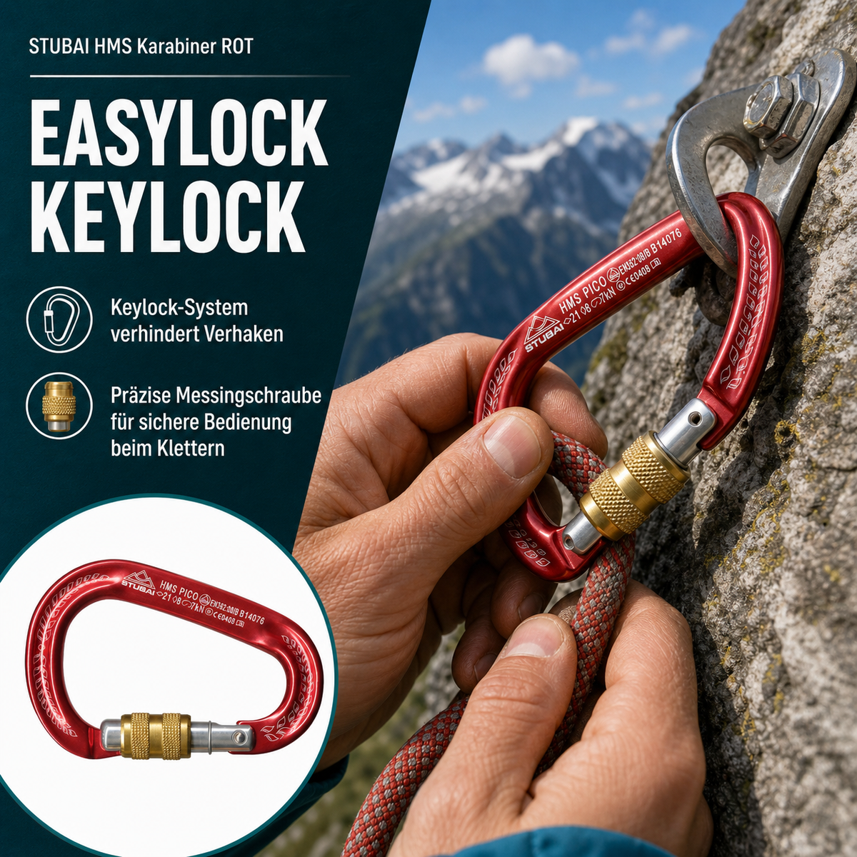 STUBAI HMS Karabiner Pico rot – Easylock, 80 g