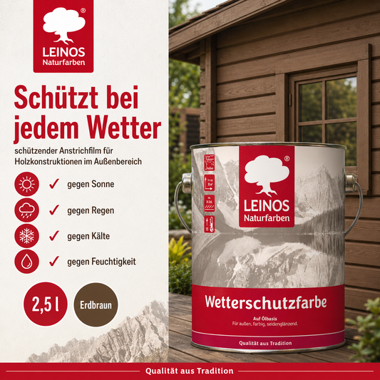 LEINOS Wetterschutzfarbe 2,5 l | Erdbraun Holzlasur für Holzfassaden Fenster Gartenhäuser| wetterbeständige Deckfarbe für effektive Versiegelung und langanhaltenden Schutz auf Ölbasis im Außenbereich