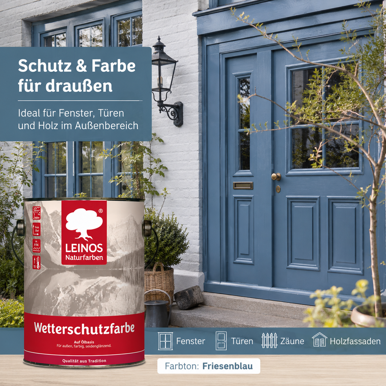 LEINOS Wetterschutzfarbe 2,5 l | Friesenblau Holzlasur für Holzfassaden Fenster Gartenhäuser| wetterbeständige Deckfarbe für effektive Versiegelung und langanhaltenden Schutz auf Ölbasis im Außenbereich