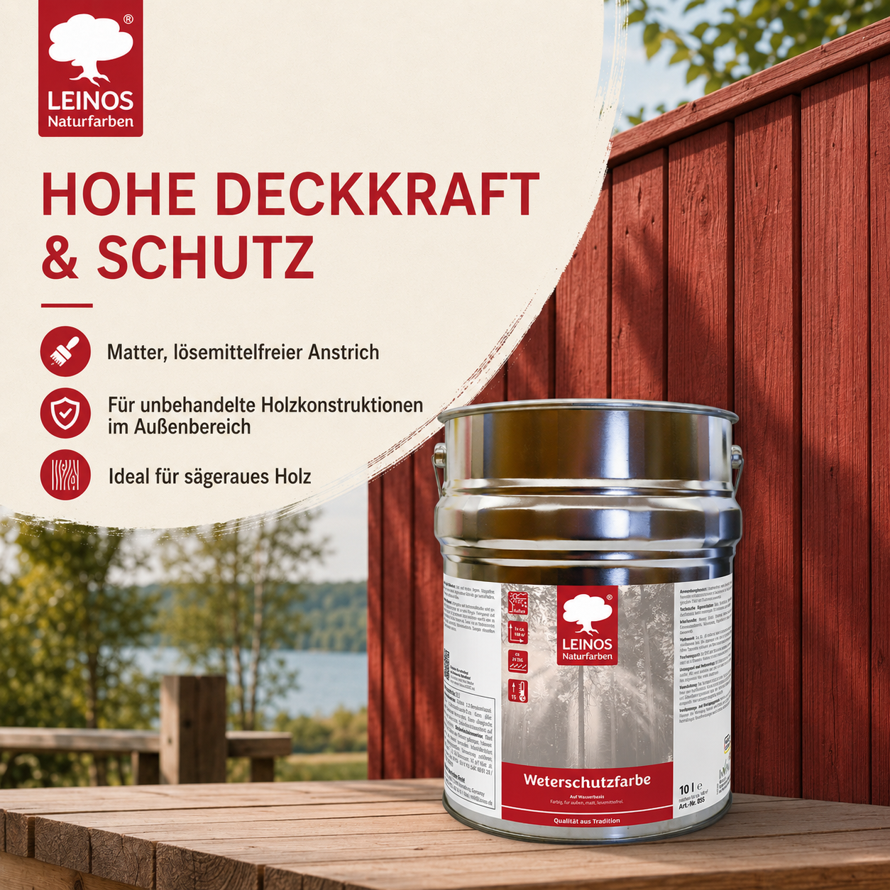 LEINOS Wetterschutzfarbe auf Wasserbasis 855 –10,0 l Schweden-Rot- Lösemittelfreier, matter Anstrich für unbehandelte Holzkonstruktionen im Außenbereich, ideal für sägeraues Holz