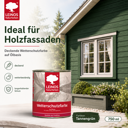 LEINOS Wetterschutzfarbe 750 ml | Tannengrün Holzlasur für Holzfassaden Fenster Gartenhäuser| wetterbeständige Deckfarbe für effektive Versiegelung und langanhaltenden Schutz auf Ölbasis im Außenbereich