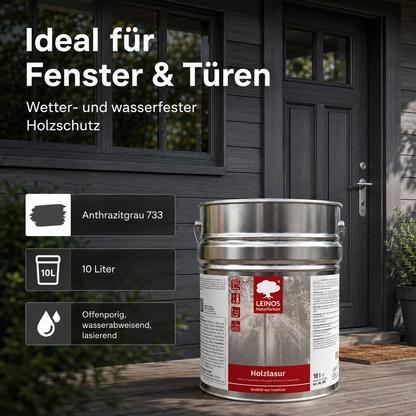 Wetterfeste Holzlasur für Außen 733 Anthrazitgrau 10,00 Liter - offenporiger Holzschutz mit Filmschutz gegen Pilzbefall - für Fenster, Türen, Zäune & Pergolen - wasserabweisend, lasierend