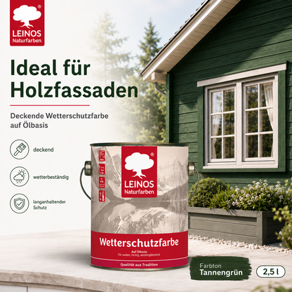 LEINOS Wetterschutzfarbe 2,5 l | Tannengrün Holzlasur für Holzfassaden Fenster Gartenhäuser| wetterbeständige Deckfarbe für effektive Versiegelung und langanhaltenden Schutz auf Ölbasis im Außenbereich
