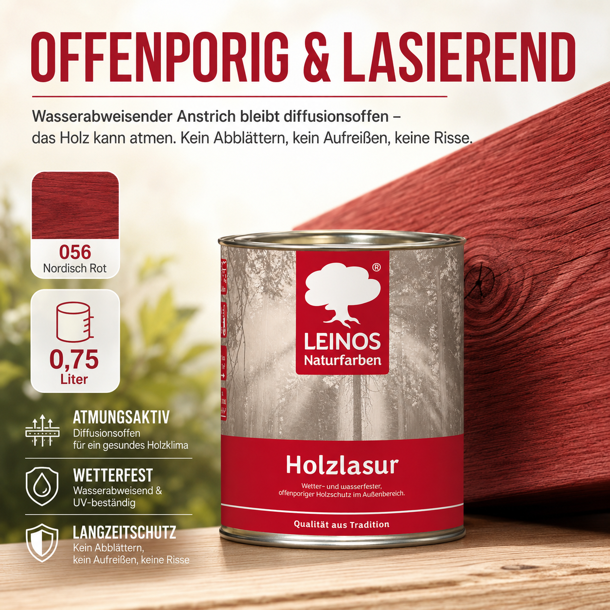 Wetterfeste Holzlasur für Außen 056 Nordisch Rot 0,75 Liter - offenporiger Holzschutz mit Filmschutz gegen Pilzbefall - für Fenster, Türen, Zäune & Pergolen - wasserabweisend, lasierend