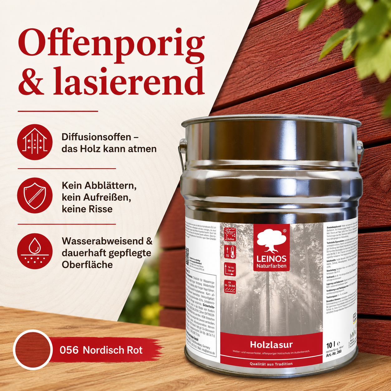 Wetterfeste Holzlasur für Außen 056 Nordisch Rot 10,00 Liter - offenporiger Holzschutz mit Filmschutz gegen Pilzbefall - für Fenster, Türen, Zäune & Pergolen - wasserabweisend, lasierend