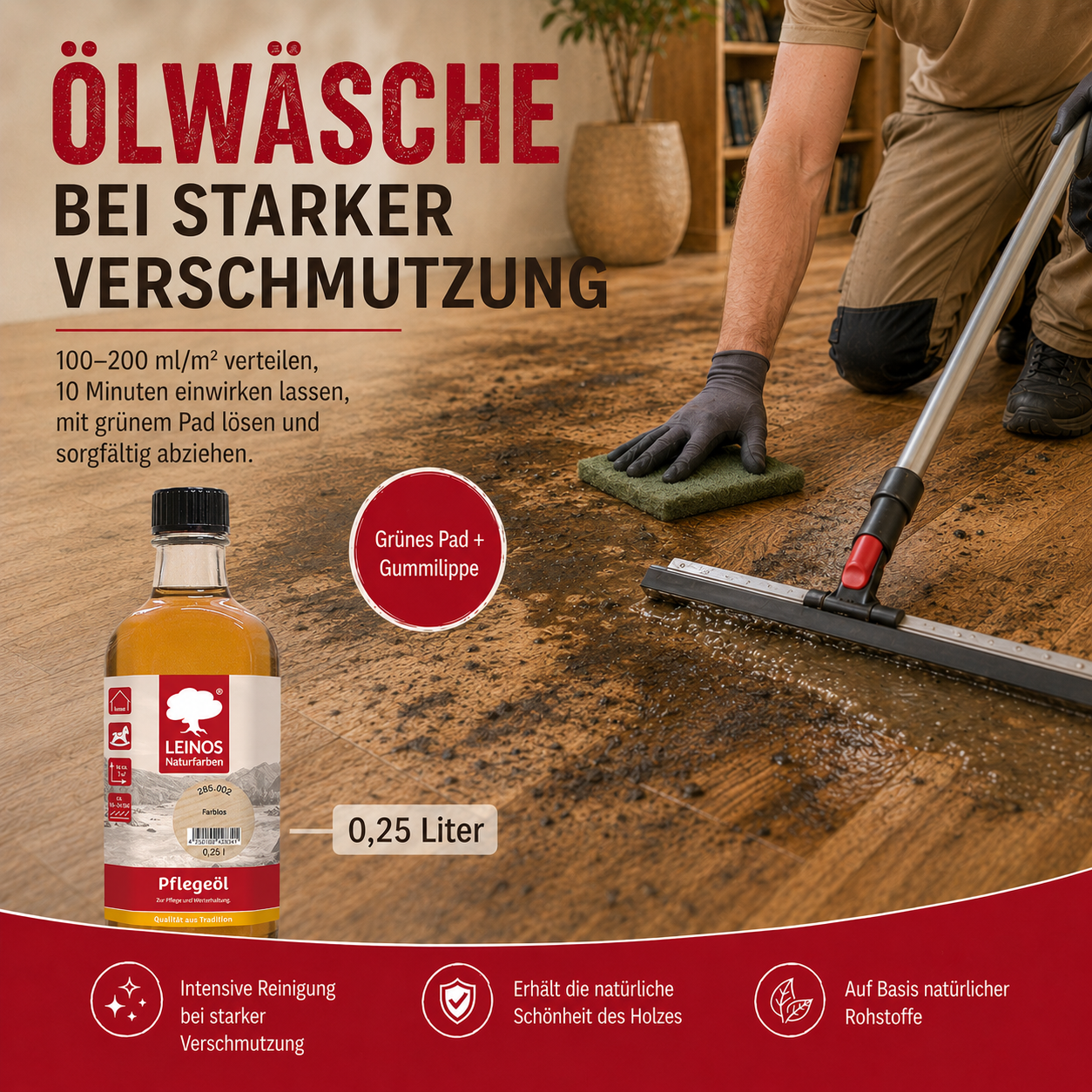 LEINOS Pflegeöl 285 | 0,25 L farblos (002) | Für alle geölten & gewachsten Holz-, Kork- & Linoleumflächen | Schutz gegen Laufstraßen | Seidenmatt & wasserabweisend | Innenbereich