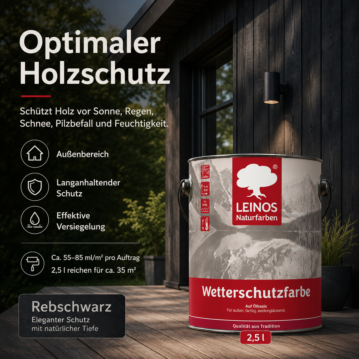 LEINOS Wetterschutzfarbe 2,5 l | Rebschwarz Holzlasur für Holzfassaden Fenster Gartenhäuser| wetterbeständige Deckfarbe für effektive Versiegelung und langanhaltenden Schutz auf Ölbasis im Außenbereich