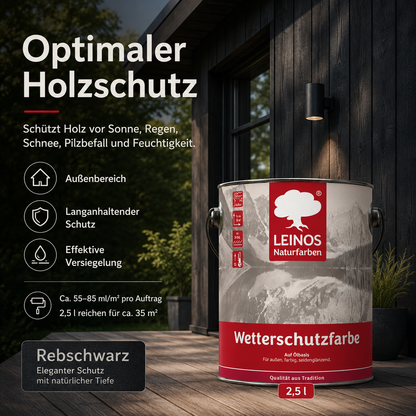 LEINOS Wetterschutzfarbe 2,5 l | Rebschwarz Holzlasur für Holzfassaden Fenster Gartenhäuser| wetterbeständige Deckfarbe für effektive Versiegelung und langanhaltenden Schutz auf Ölbasis im Außenbereich