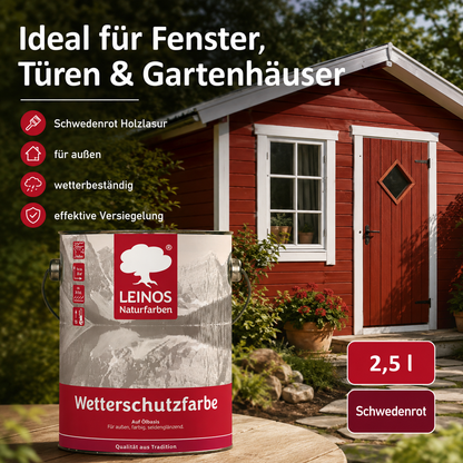 LEINOS Wetterschutzfarbe 2,5 l | Schwedenrot Holzlasur für Holzfassaden Fenster Gartenhäuser| wetterbeständige Deckfarbe für effektive Versiegelung und langanhaltenden Schutz auf Ölbasis im Außenbereich