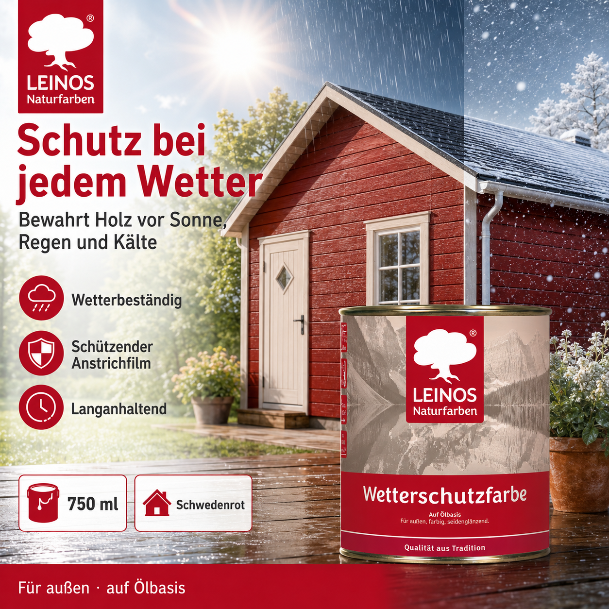 LEINOS Wetterschutzfarbe 750 ml | Schwedenrot Holzlasur für Holzfassaden Fenster Gartenhäuser| wetterbeständige Deckfarbe für effektive Versiegelung und langanhaltenden Schutz auf Ölbasis im Außenbereich