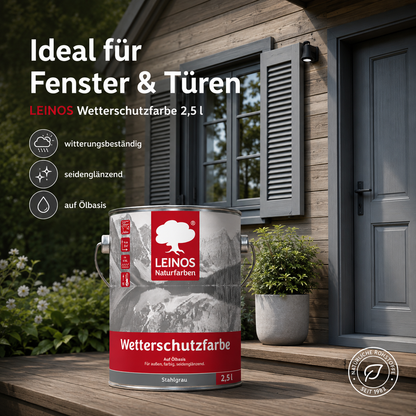 LEINOS Wetterschutzfarbe 2,5 l | Stahlgrau Holzlasur für Holzfassaden Fenster Gartenhäuser| wetterbeständige Deckfarbe für effektive Versiegelung und langanhaltenden Schutz auf Ölbasis im Außenbereich
