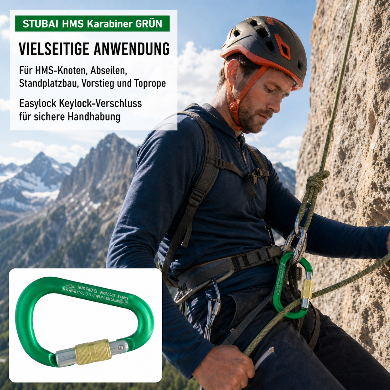 HMS Karabiner | Stubai Karabiner mit Schraubverschluss, Schraubkarabiner zum Klettern, Kletter-Karabinerhaken, Sicherungskarabiner zum Bergsteigen, Grün