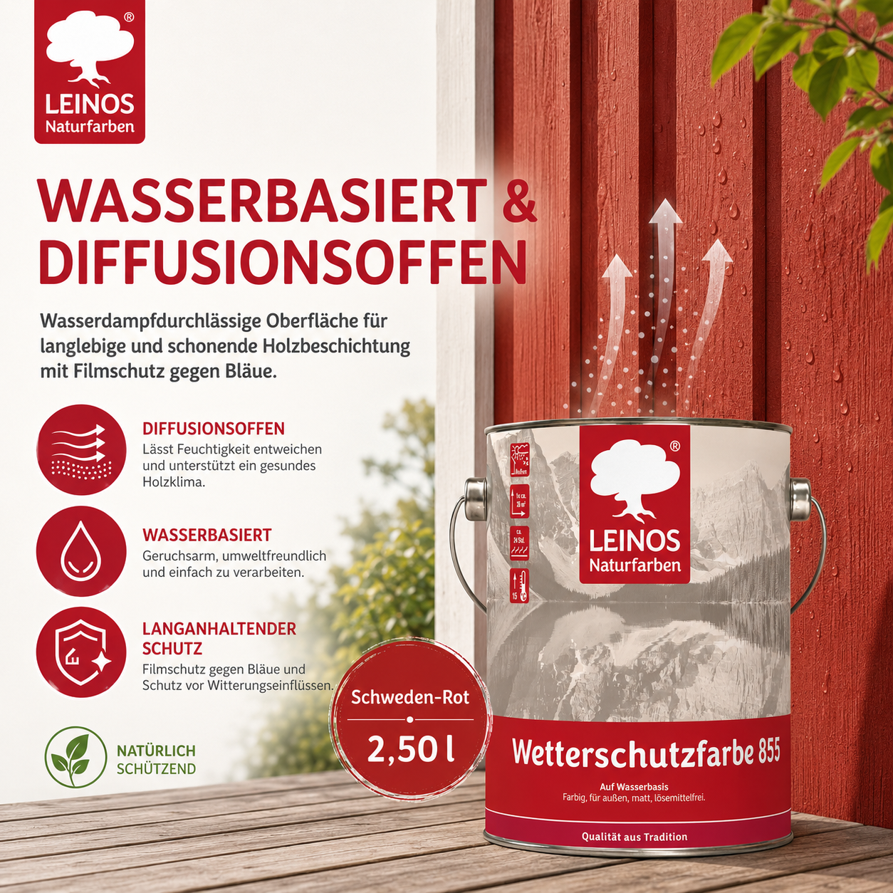 LEINOS Wetterschutzfarbe auf Wasserbasis 855 –2,5 l Schweden-Rot- Lösemittelfreier, matter Anstrich für unbehandelte Holzkonstruktionen im Außenbereich, ideal für sägeraues Holz