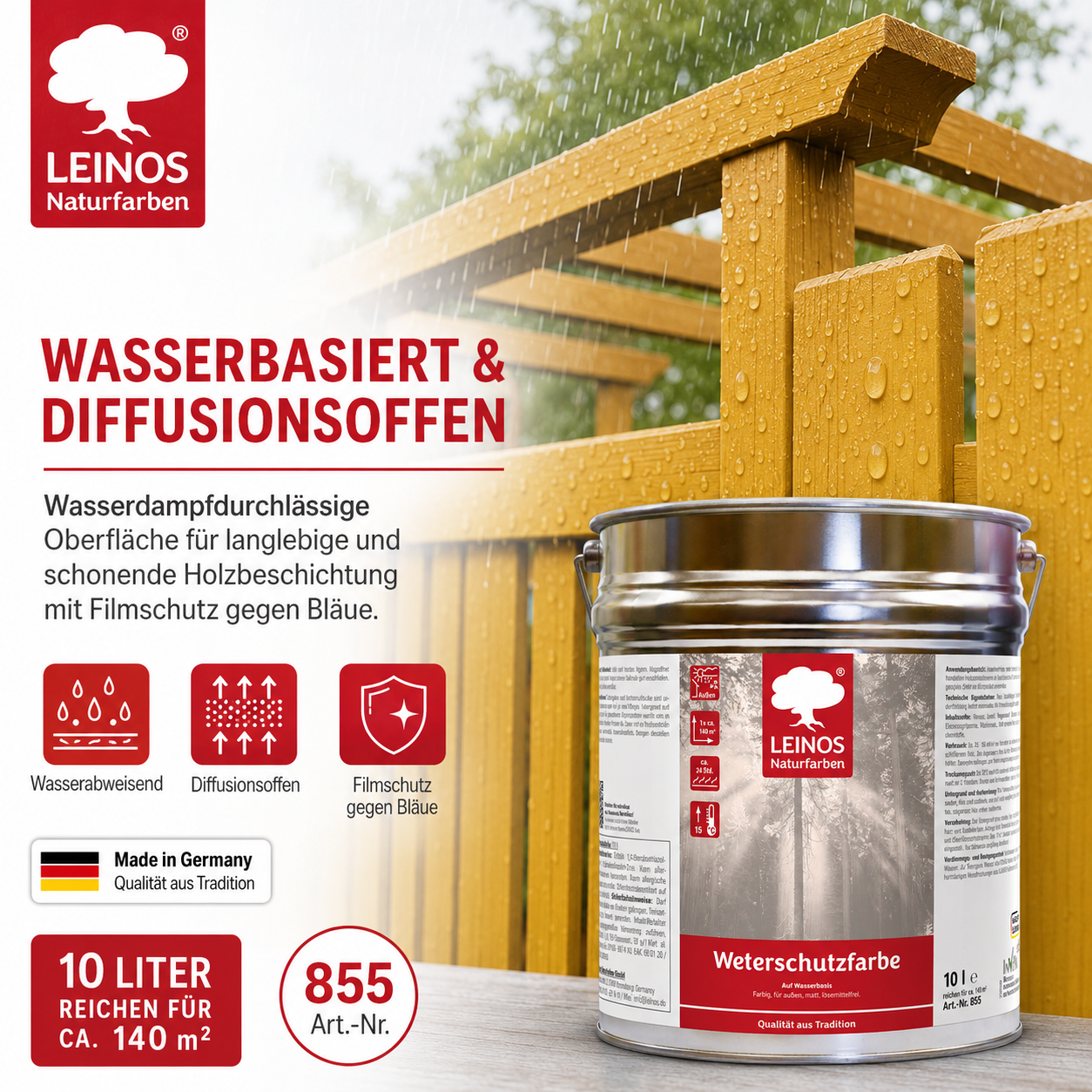 LEINOS Wetterschutzfarbe auf Wasserbasis 855 –10,0 l Maisgelb- Lösemittelfreier, matter Anstrich für unbehandelte Holzkonstruktionen im Außenbereich, ideal für sägeraues Holz