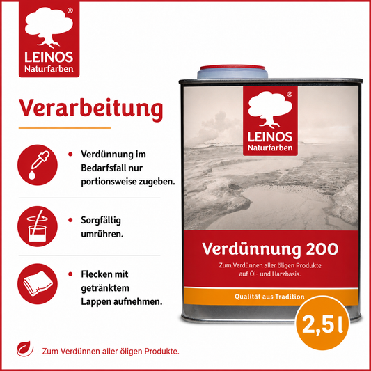 LEINOS 200 Verdünnung 2,5 Liter | Zum Verdünnen aller öligen Produkte sowie zur Reinigung der Arbeitsgeräte. Auch als Fleckentferner geeignet.
