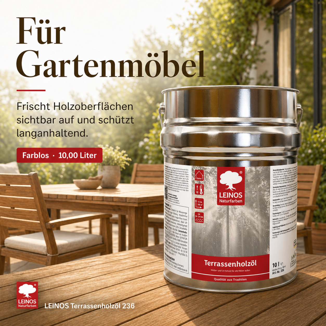 LEINOS Terrassenholzöl 236 | 10,00 Liter | Hochwertiges Holzöl für außen | Für Terrassen, Zäune, Kinderspielgeräte | Farbton: farblos | Tiefer Holzschutz & leichte Anwendung