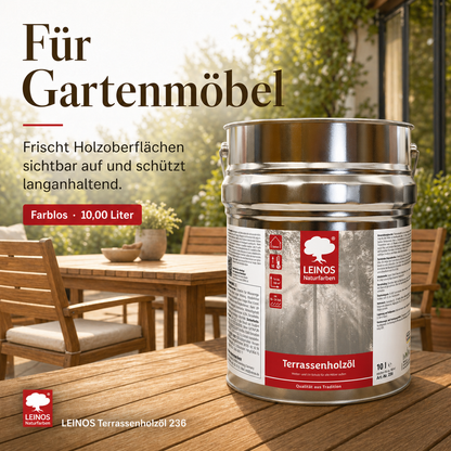 LEINOS Terrassenholzöl 236 | 10,00 Liter | Hochwertiges Holzöl für außen | Für Terrassen, Zäune, Kinderspielgeräte | Farbton: farblos | Tiefer Holzschutz & leichte Anwendung