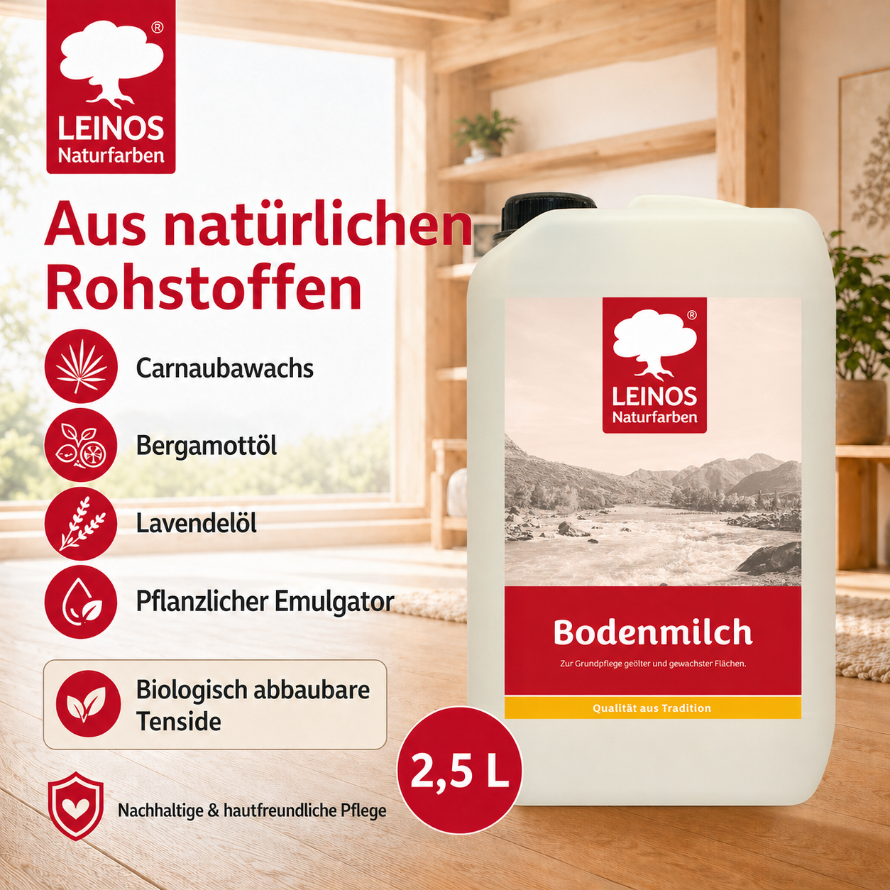 LEINOS 920 Bodenmilch 2,5 Liter | Pflegemittel für geölte, gewachste und lackierte Fußböden |  Holz, Kork und Linoleum | ergibt seidenglänzende Oberfläche