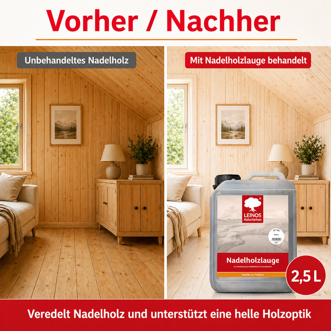 LEINOS 927 Nadelholzlauge 2,5 l Farblos | Zur Veredelung von Nadelhölzern im Innenbereich |  für Fußböden, Wände, Decken, Türen, Möbel