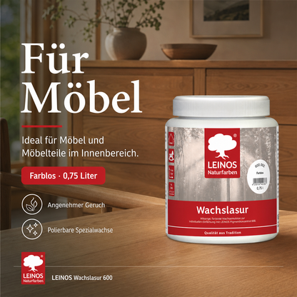 Leinos 600 Wachslasur für Innen 002 Farblos 0,75 l – wässrige Holzlasur für Möbel, Holzdecken, Wandverkleidungen und Kinderspielzeug im Innenbereich, farblos, pigmentierbar, leicht aufzutragen
