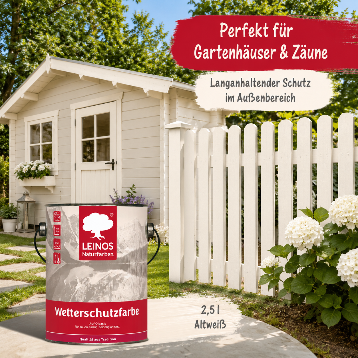 LEINOS Wetterschutzfarbe 2,5 l | Altweiß Holzlasur für Holzfassaden Fenster Gartenhäuser| wetterbeständige Deckfarbe für effektive Versiegelung und langanhaltenden Schutz auf Ölbasis im Außenbereich