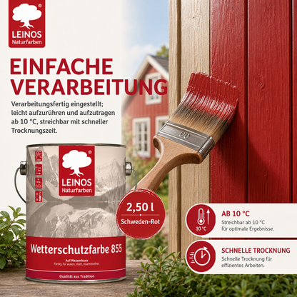 LEINOS Wetterschutzfarbe auf Wasserbasis 855 –2,5 l Schweden-Rot- Lösemittelfreier, matter Anstrich für unbehandelte Holzkonstruktionen im Außenbereich, ideal für sägeraues Holz