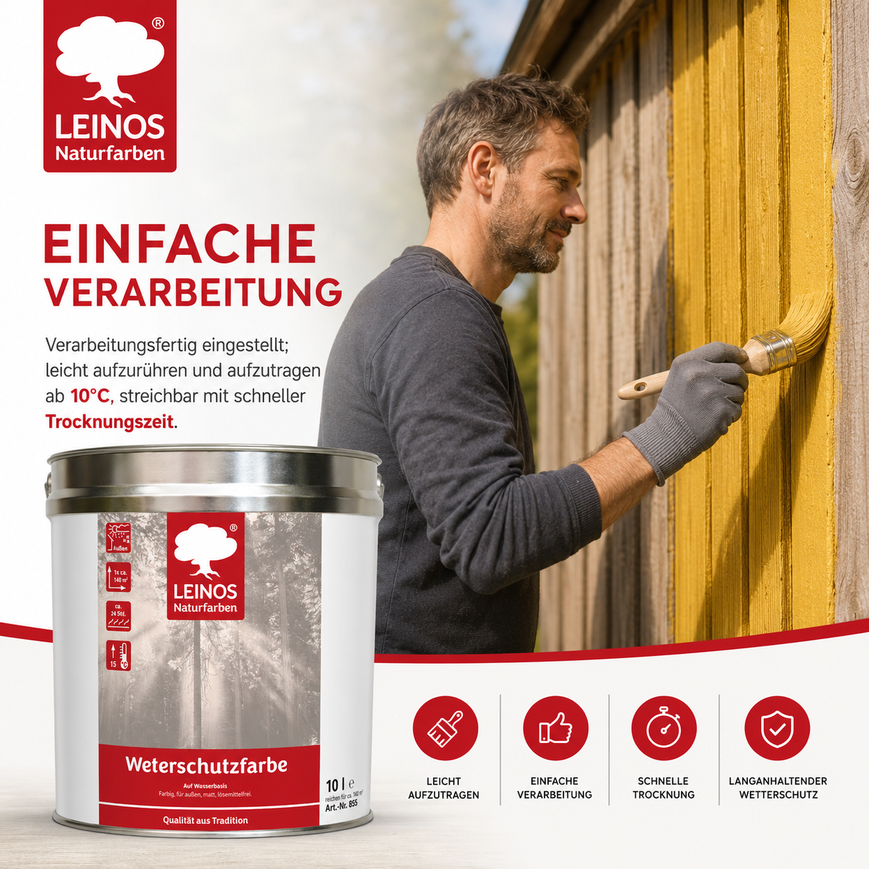 LEINOS Wetterschutzfarbe auf Wasserbasis 855 –10,0 l Maisgelb- Lösemittelfreier, matter Anstrich für unbehandelte Holzkonstruktionen im Außenbereich, ideal für sägeraues Holz