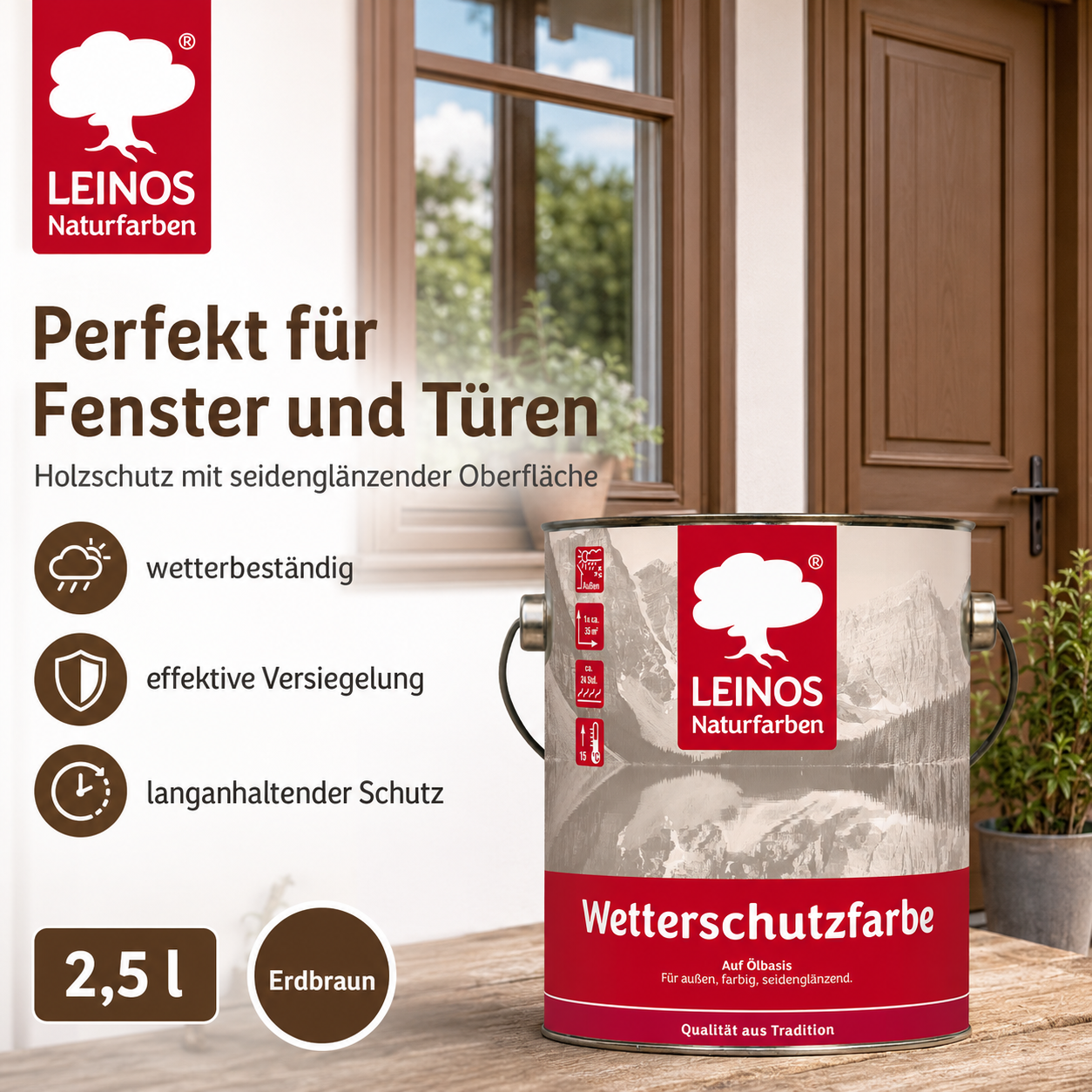 LEINOS Wetterschutzfarbe 2,5 l | Erdbraun Holzlasur für Holzfassaden Fenster Gartenhäuser| wetterbeständige Deckfarbe für effektive Versiegelung und langanhaltenden Schutz auf Ölbasis im Außenbereich