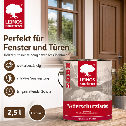 LEINOS Wetterschutzfarbe 2,5 l | Erdbraun Holzlasur für Holzfassaden Fenster Gartenhäuser| wetterbeständige Deckfarbe für effektive Versiegelung und langanhaltenden Schutz auf Ölbasis im Außenbereich