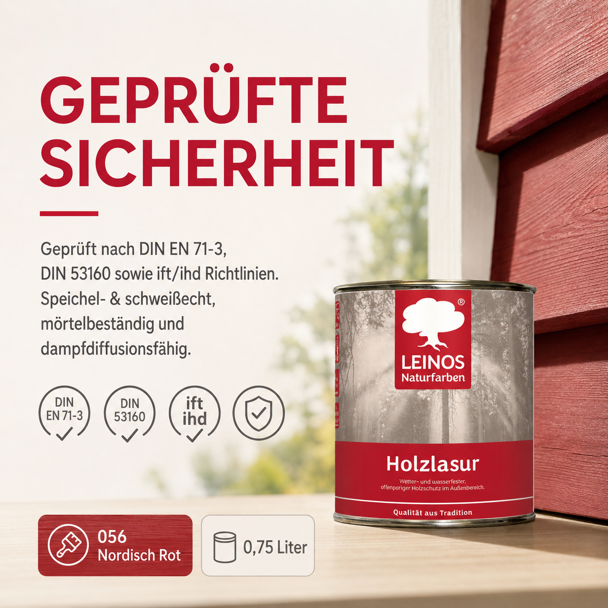 Wetterfeste Holzlasur für Außen 056 Nordisch Rot 0,75 Liter - offenporiger Holzschutz mit Filmschutz gegen Pilzbefall - für Fenster, Türen, Zäune & Pergolen - wasserabweisend, lasierend