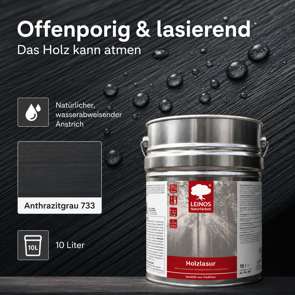 Wetterfeste Holzlasur für Außen 733 Anthrazitgrau 10,00 Liter - offenporiger Holzschutz mit Filmschutz gegen Pilzbefall - für Fenster, Türen, Zäune & Pergolen - wasserabweisend, lasierend