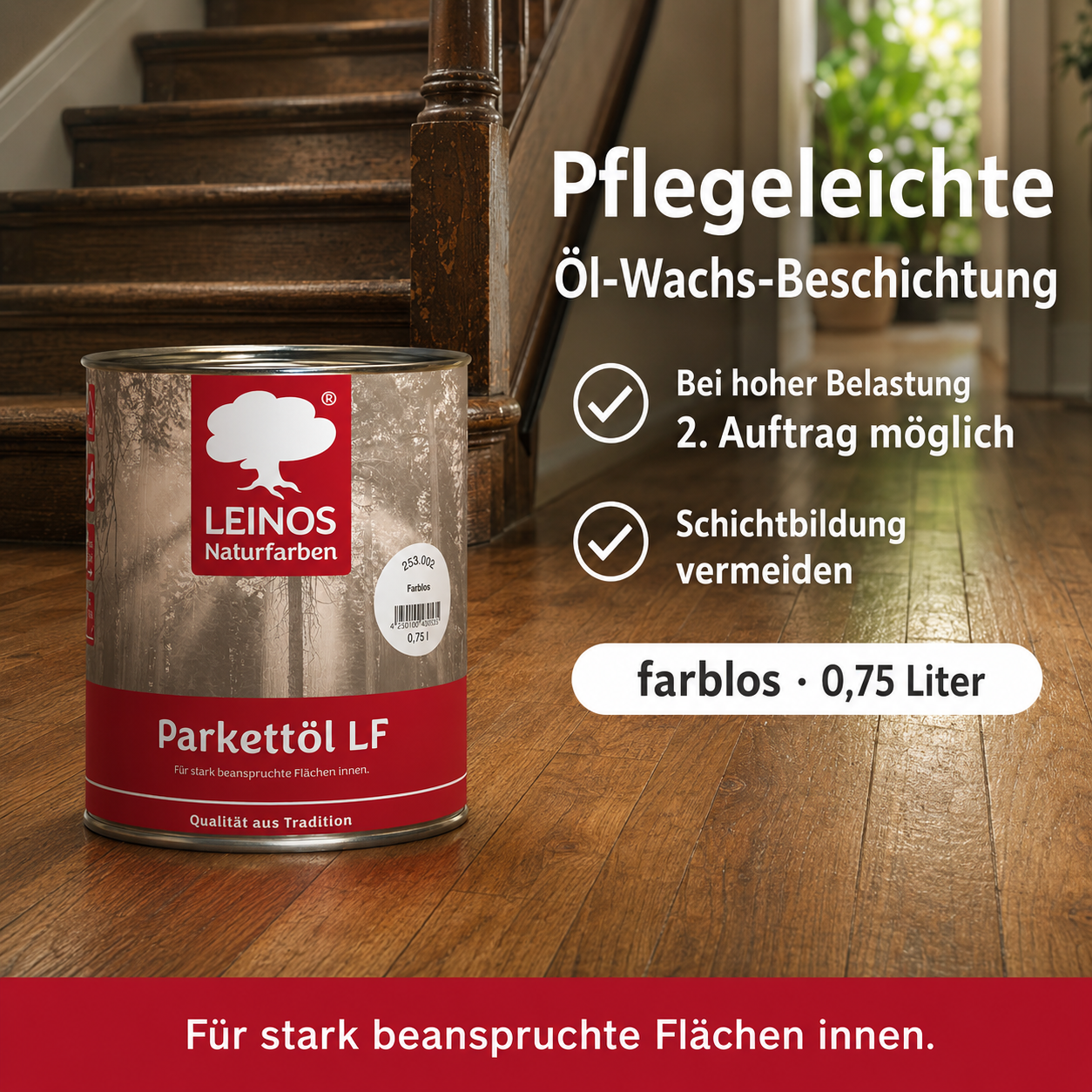 LEINOS Parkettöl LF 253 farblos 0,75 L – Lösemittelfreies Naturöl für Holzfußböden, offenporig & atmungsaktiv, schützt Parkett, Dielen & Massivholz im Innenbereich, betont die natürliche Maserung