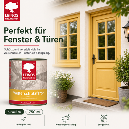 LEINOS Wetterschutzfarbe 750 ml | Maisgelb Holzlasur für Holzfassaden Fenster Gartenhäuser| wetterbeständige Deckfarbe für effektive Versiegelung und langanhaltenden Schutz auf Ölbasis im Außenbereich