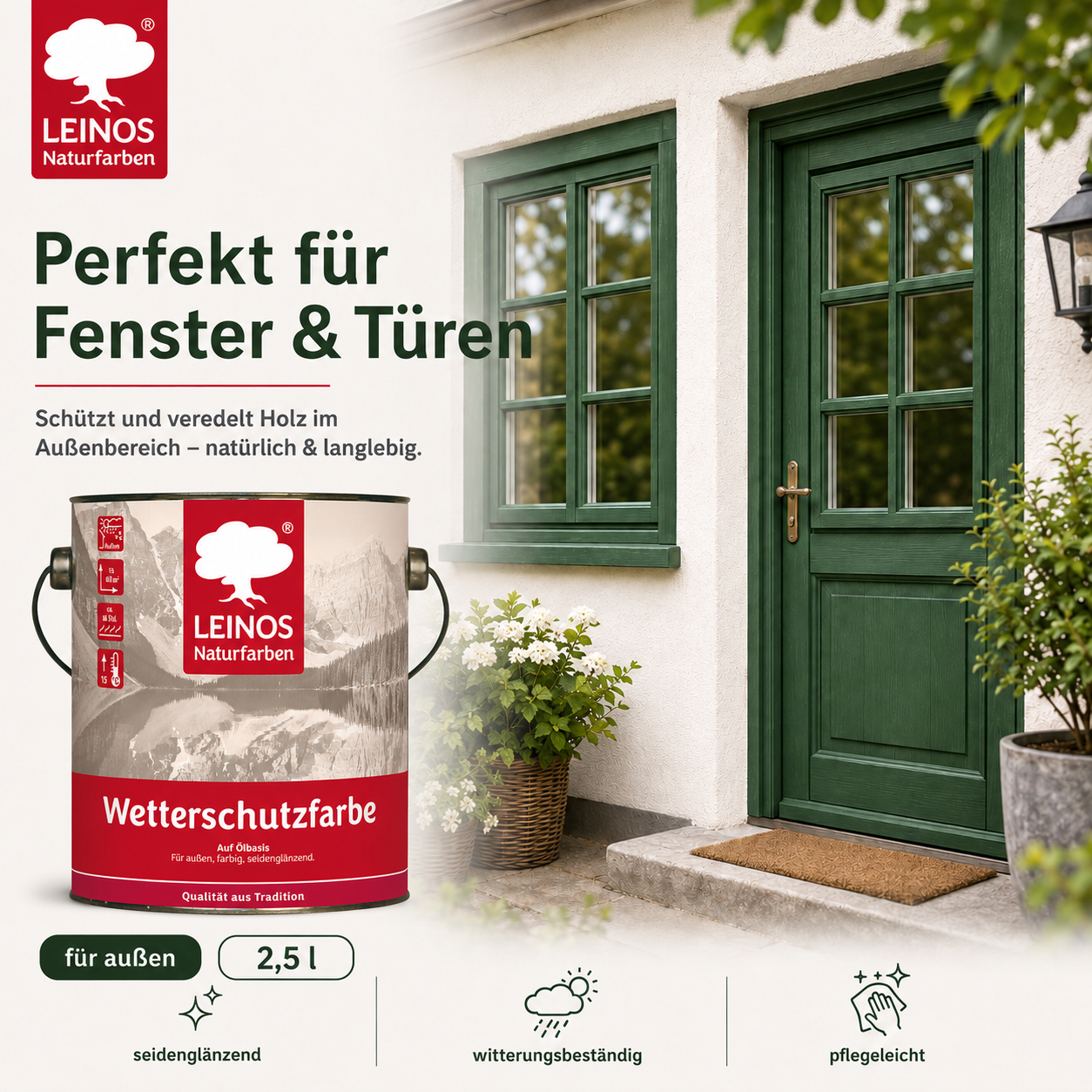 LEINOS Wetterschutzfarbe 2,5 l | Tannengrün Holzlasur für Holzfassaden Fenster Gartenhäuser| wetterbeständige Deckfarbe für effektive Versiegelung und langanhaltenden Schutz auf Ölbasis im Außenbereich