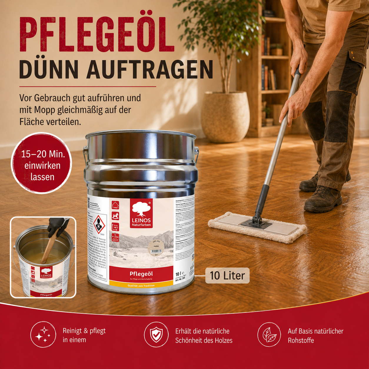 LEINOS 285 Pflegeöl 202 Weiß 10 Liter | Zur Behandlung aller geölten und gewachsten Flächen wie Holz, Kork und Linoleum im Innenbereich |