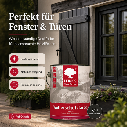 LEINOS Wetterschutzfarbe 2,5 l | Rebschwarz Holzlasur für Holzfassaden Fenster Gartenhäuser| wetterbeständige Deckfarbe für effektive Versiegelung und langanhaltenden Schutz auf Ölbasis im Außenbereich