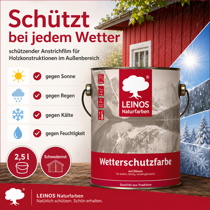 LEINOS Wetterschutzfarbe 2,5 l | Schwedenrot Holzlasur für Holzfassaden Fenster Gartenhäuser| wetterbeständige Deckfarbe für effektive Versiegelung und langanhaltenden Schutz auf Ölbasis im Außenbereich
