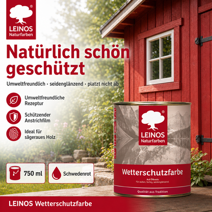 LEINOS Wetterschutzfarbe 750 ml | Schwedenrot Holzlasur für Holzfassaden Fenster Gartenhäuser| wetterbeständige Deckfarbe für effektive Versiegelung und langanhaltenden Schutz auf Ölbasis im Außenbereich