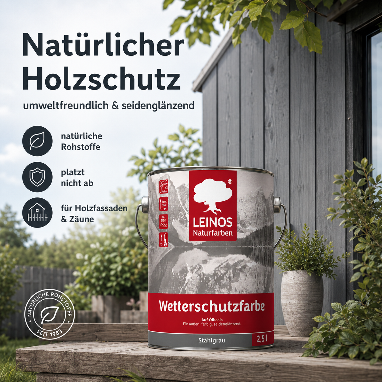 LEINOS Wetterschutzfarbe 2,5 l | Stahlgrau Holzlasur für Holzfassaden Fenster Gartenhäuser| wetterbeständige Deckfarbe für effektive Versiegelung und langanhaltenden Schutz auf Ölbasis im Außenbereich