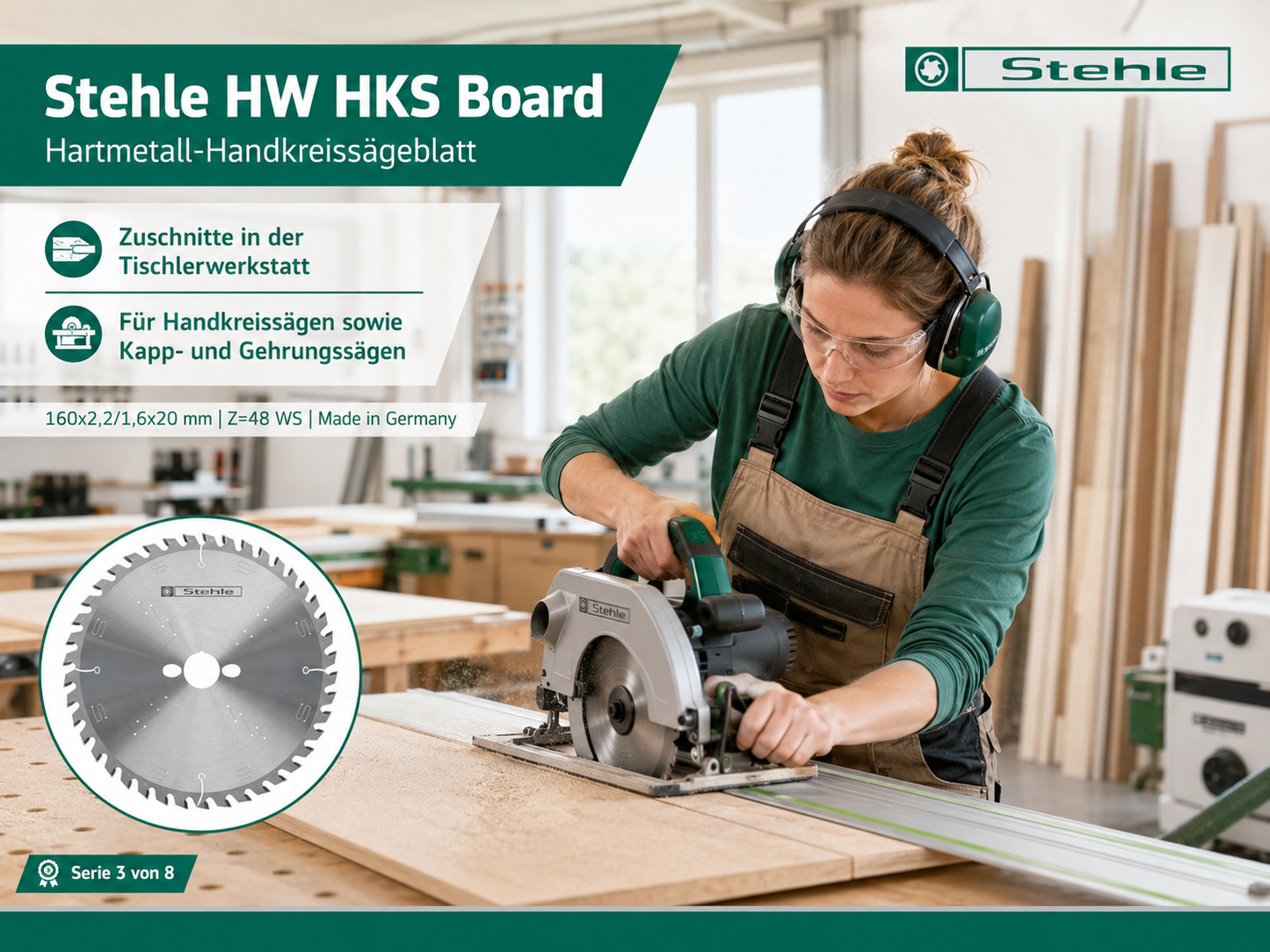 Stehle HW HKS Board Handkreissägeblatt 160x2,2x20mm Z=48 WS | Wechselverzahnung ist speziell für Längs- und Querschnitte | Großzügige HW TC10 Bestückung für viele Nachschliffe