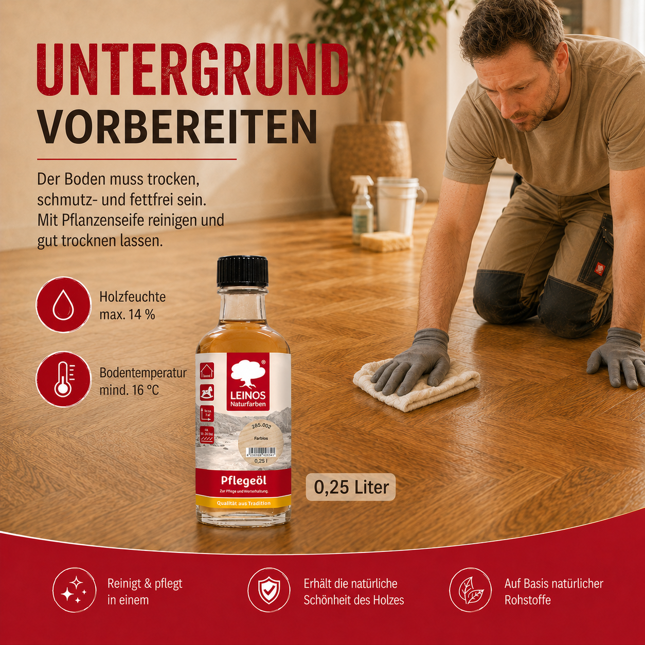 LEINOS Pflegeöl 285 | 0,25 L farblos (002) | Für alle geölten & gewachsten Holz-, Kork- & Linoleumflächen | Schutz gegen Laufstraßen | Seidenmatt & wasserabweisend | Innenbereich