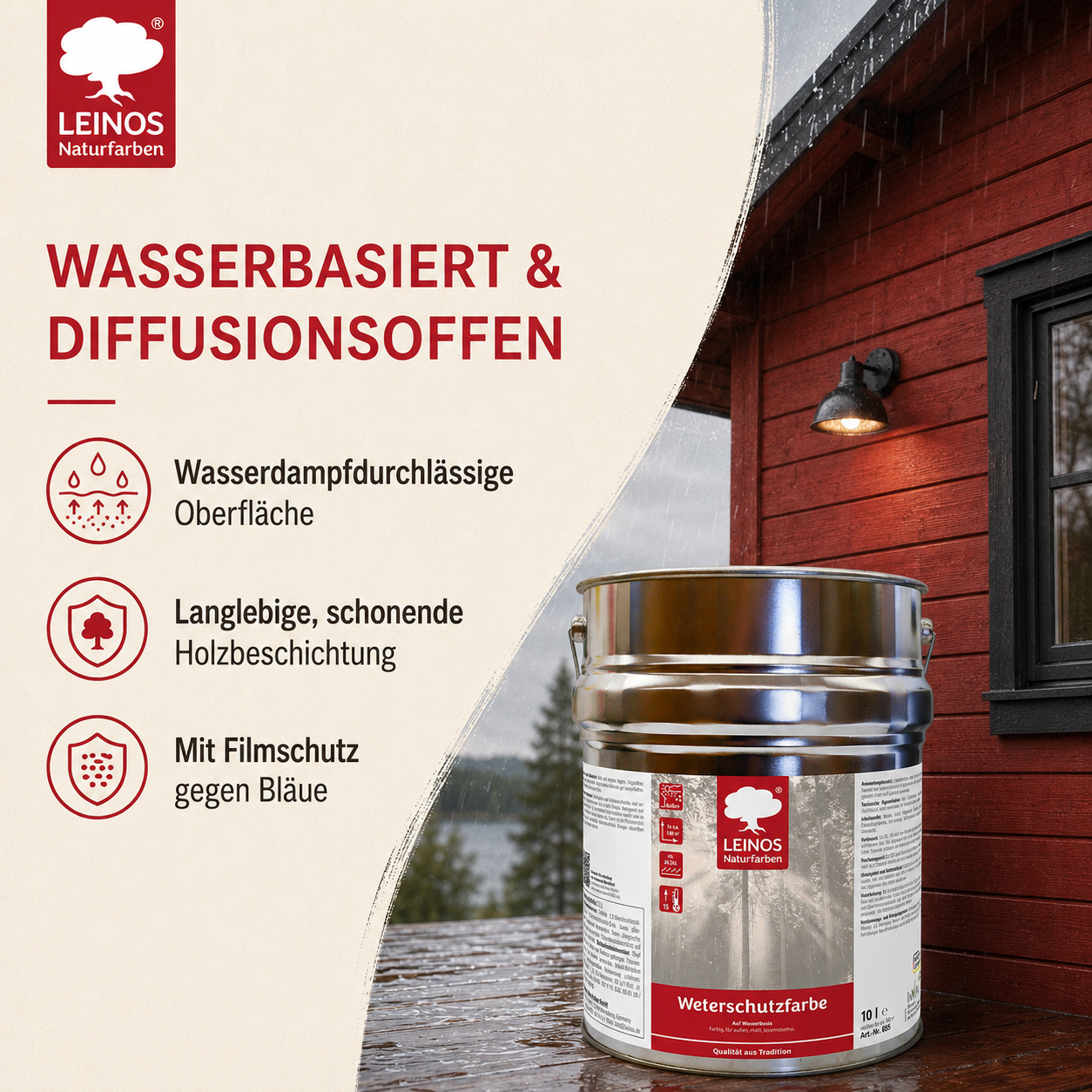 LEINOS Wetterschutzfarbe auf Wasserbasis 855 –2,5 l Schweden-Rot- Lösemittelfreier, matter Anstrich für unbehandelte Holzkonstruktionen im Außenbereich, ideal für sägeraues Holz