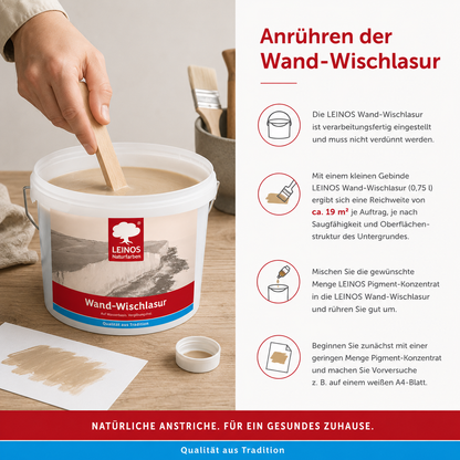 LEINOS Wand-Wischlasur 2,5 Liter für glatte Wände, kreative Lasurtechniken und sanfte Farbverläufe, verarbeitungsfertig, individuell abtönbar, atmungsaktiv, leicht aufzutragen innen für große Flächen!