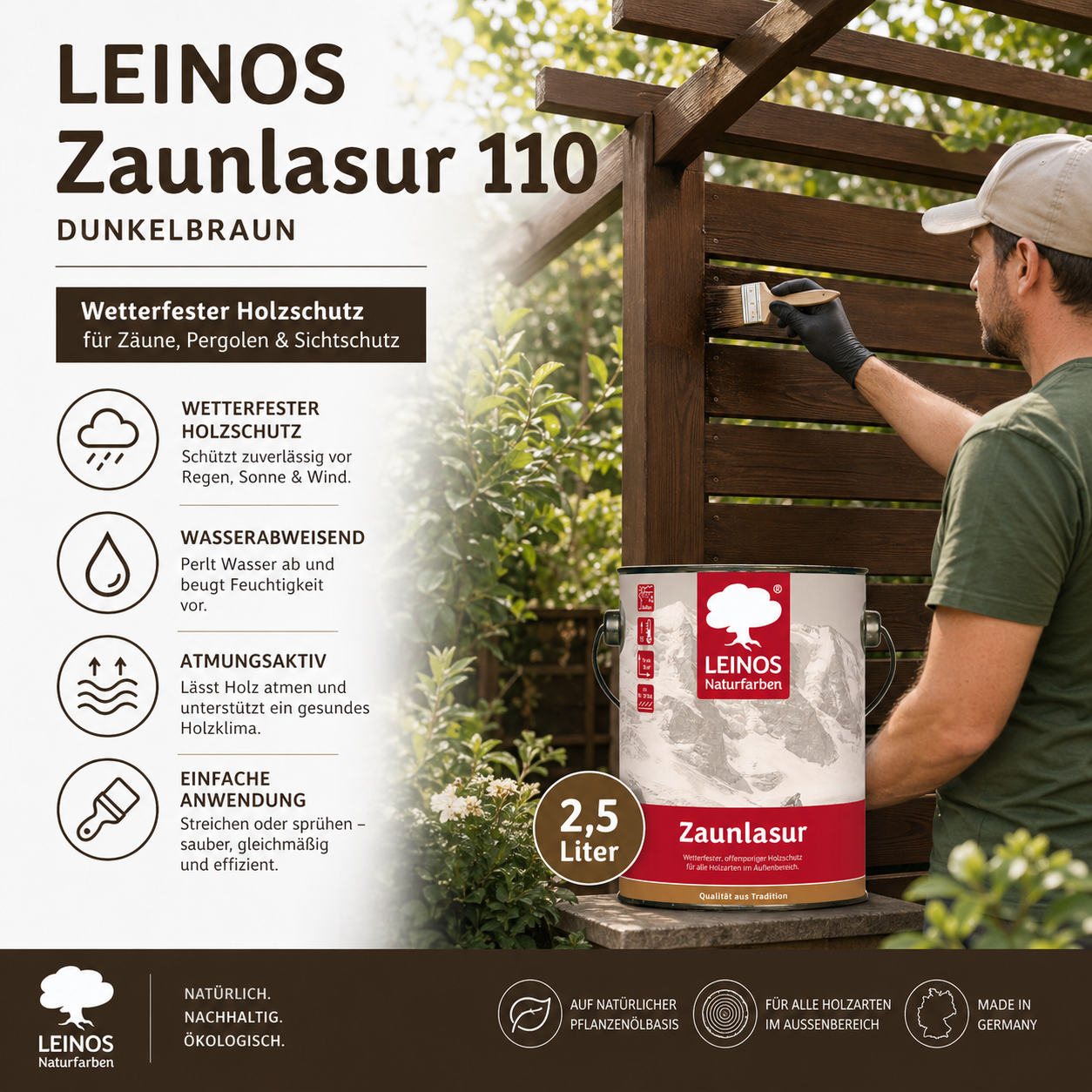 LEINOS Zaunlasur 110 dunkelbraun – wetterfeste Holzlasur für außen, offenporiger Holzschutz, wasserabweisend & atmungsaktiv, 2,5 l für bis zu 36 m² dunkelbraun