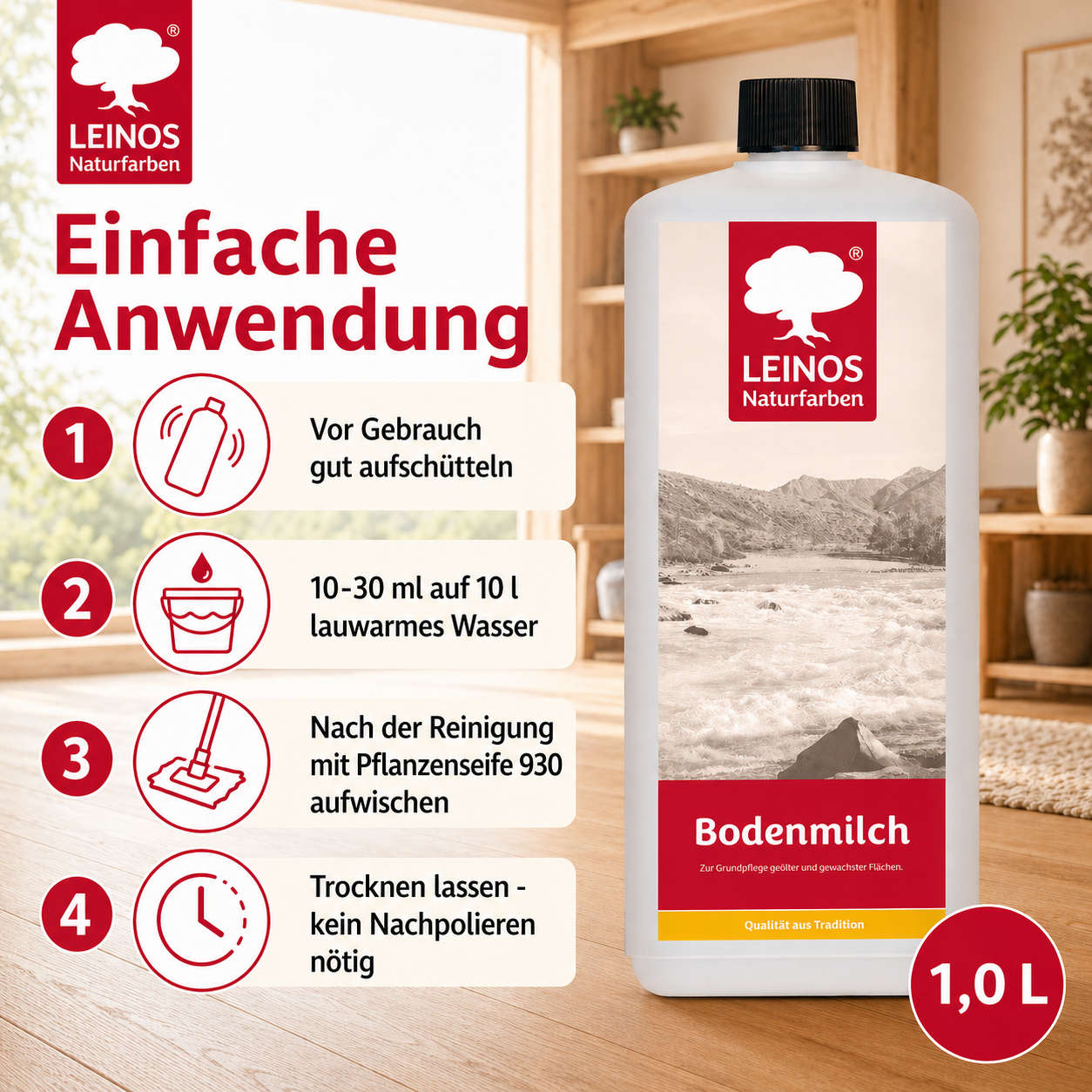 LEINOS 920 Bodenmilch 1 Liter | Pflegemittel für geölte, gewachste und lackierte Fußböden |  Holz, Kork und Linoleum | ergibt seidenglänzende Oberfläche
