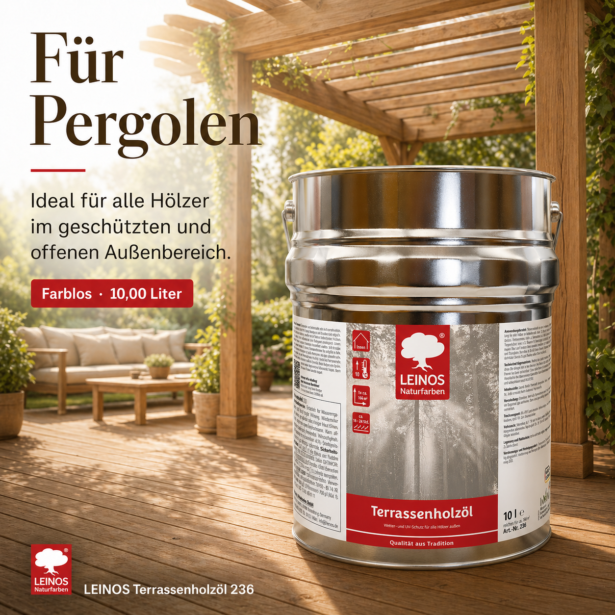 LEINOS Terrassenholzöl 236 | 10,00 Liter | Hochwertiges Holzöl für außen | Für Terrassen, Zäune, Kinderspielgeräte | Farbton: farblos | Tiefer Holzschutz & leichte Anwendung